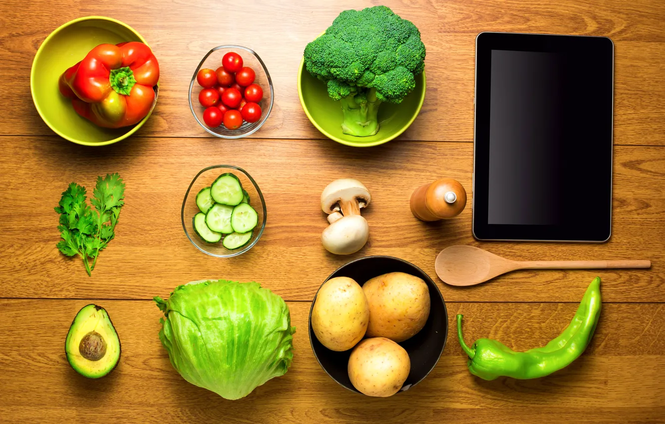 Photo wallpaper greens, table, mushrooms, Cup, pepper, tablet, vegetables, tomatoes