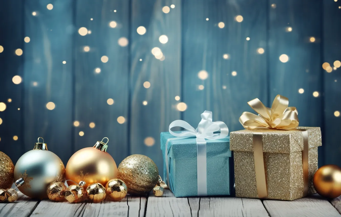 Photo wallpaper decoration, gift, balls, new year, Christmas, golden, Christmas, balls