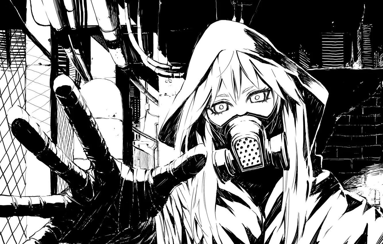 Photo wallpaper look, girl, the city, Apocalypse, gas mask, horror, gesture, art