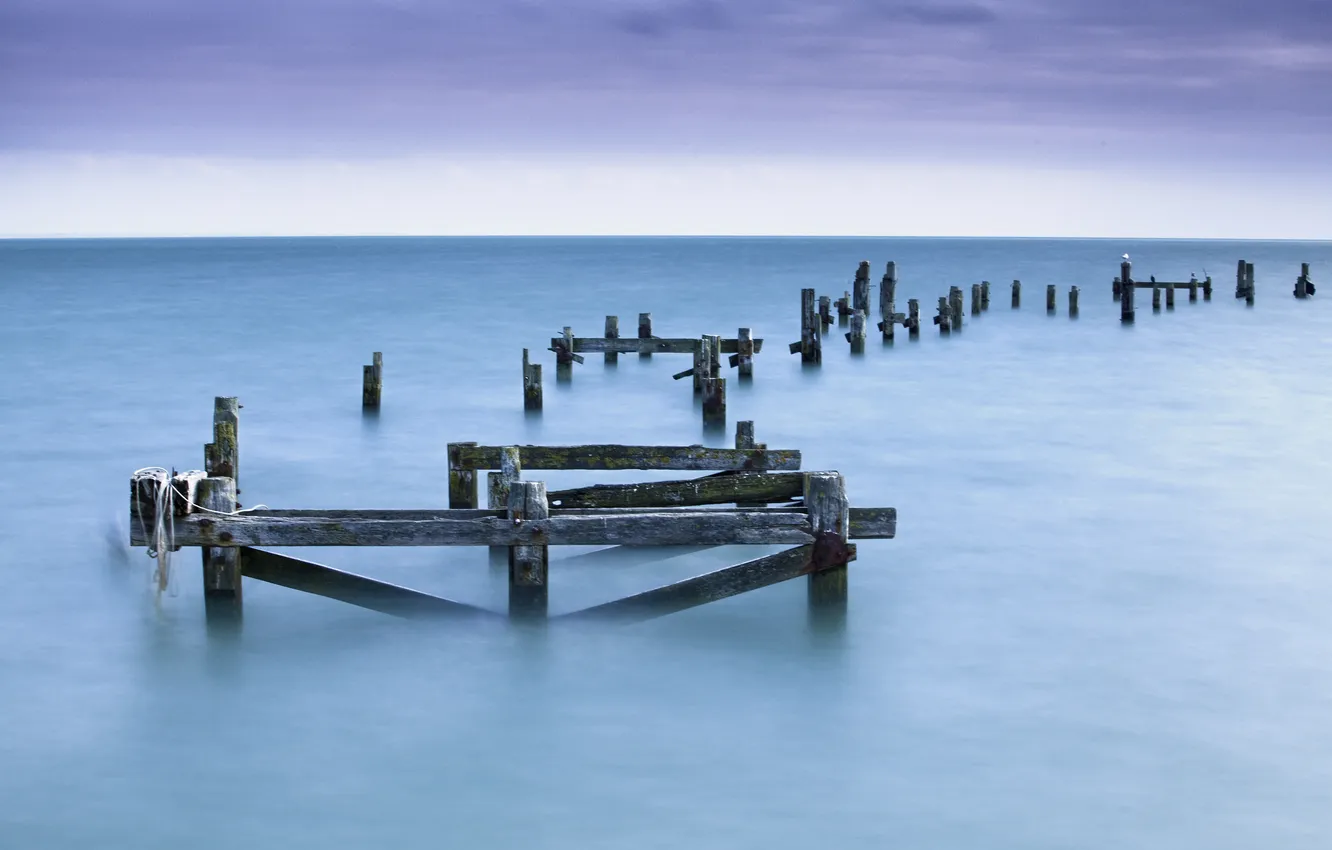 Photo wallpaper sea, the wreckage, dawn, Board, log