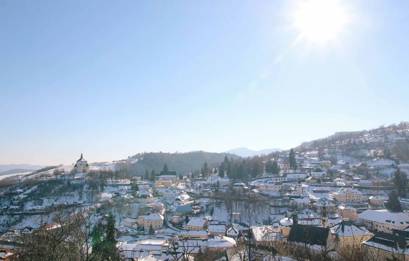 Photo wallpaper winter, snow, sunlight, Slovakia, daylight, Banská Štiavnica