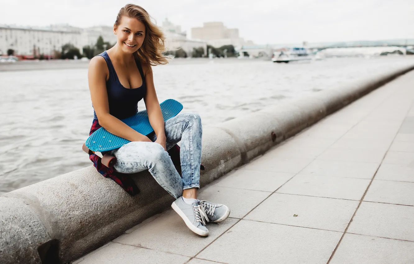 Photo wallpaper woman, beautiful, blonde, skateboard, posing