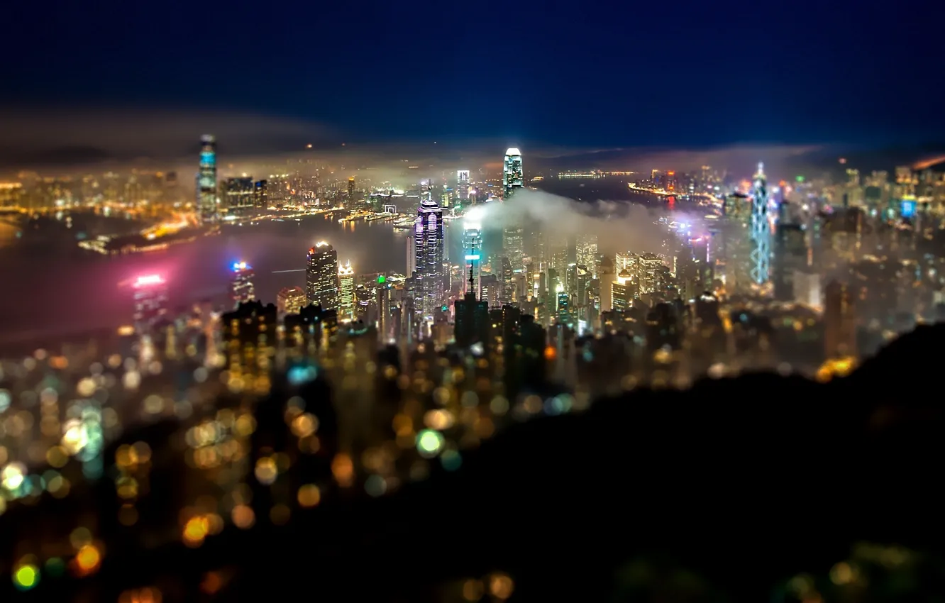 Photo wallpaper China, skyscrapers, Bay, bokeh, Hong Kong, night city lights