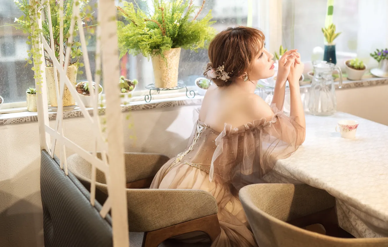 Photo wallpaper girl, back, chair, dress, window, cafe, Asian, sitting