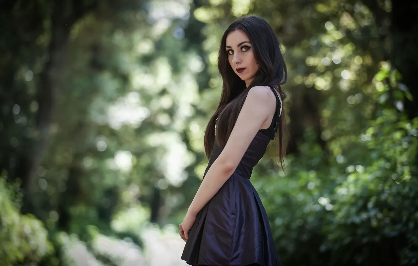 Photo wallpaper look, girl, hair, dress, brunette, bokeh