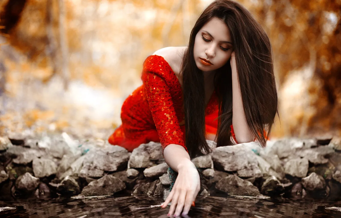 Photo wallpaper autumn, water, girl, stones, dress, brunette