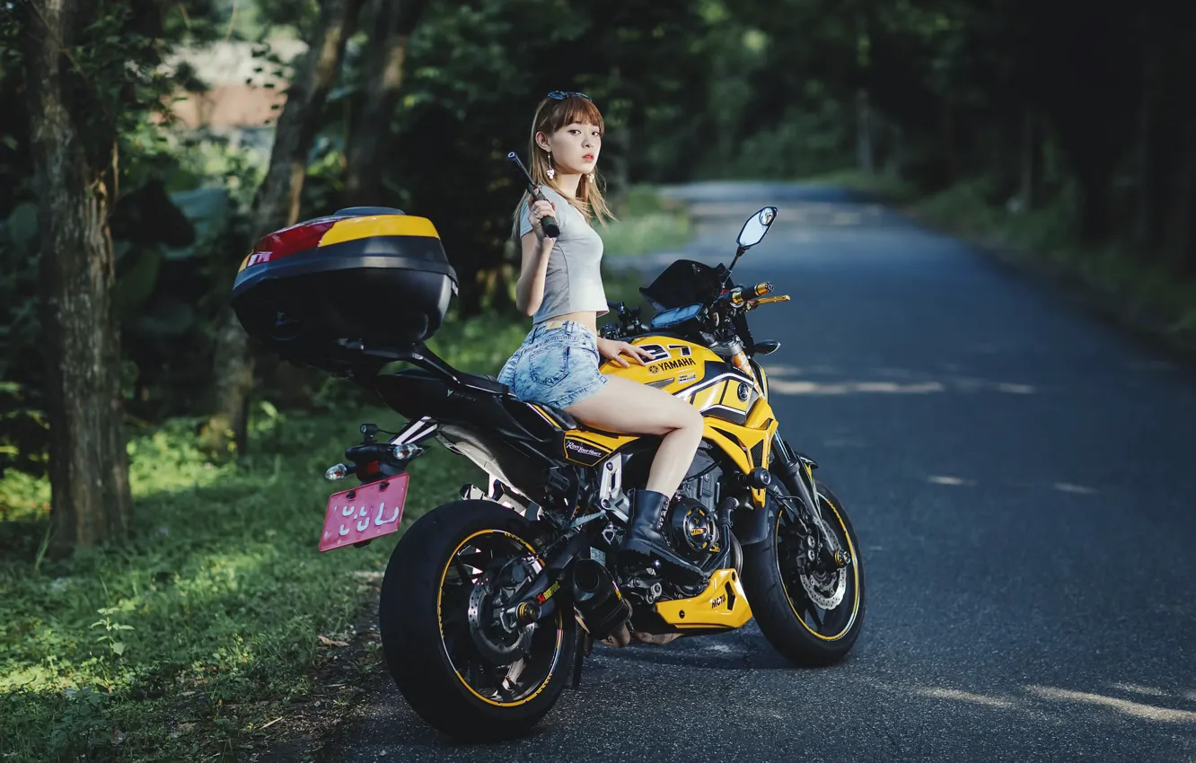 Photo wallpaper girl, gun, motorcycle