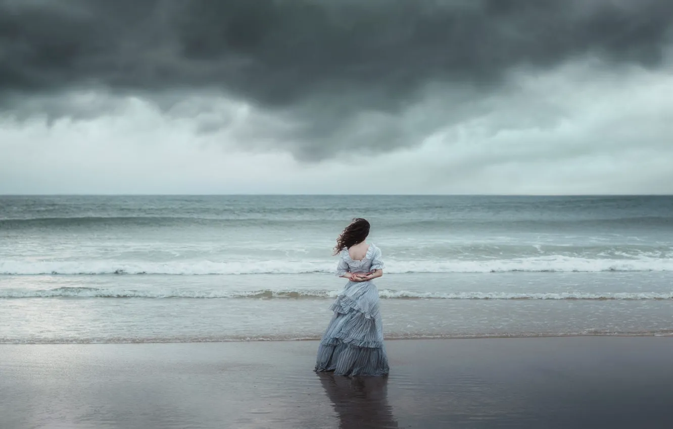 Photo wallpaper the sky, girl, landscape, nature, romance, dal, dress, long hair
