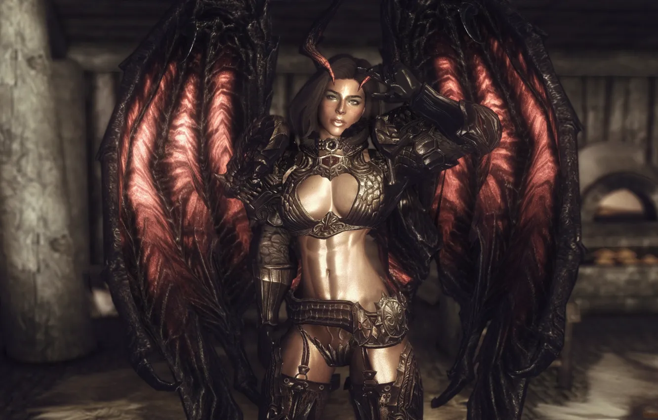 Photo wallpaper look, girl, the game, wings, horns, game, The Elder Scrolls V: Skyrim, multi-platform computer role-playing …