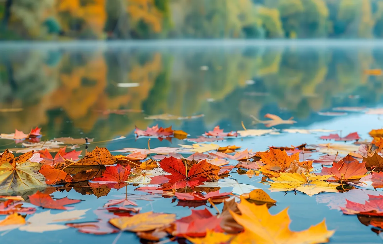 Photo wallpaper autumn, forest, nature, reflection, foliage, falling leaves, pond, autumn leaves