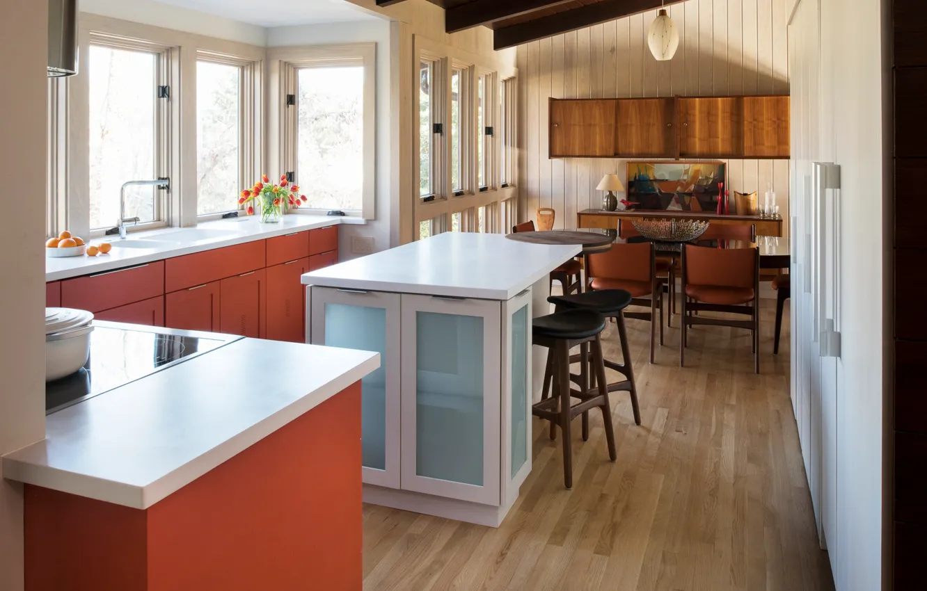 Photo wallpaper design, interior, kitchen, retro style, dining room, dining area, by Rothman design, Mid-century modern kitchen