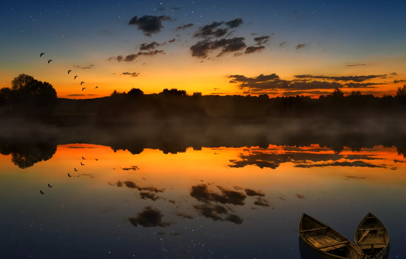 Photo wallpaper the sky, water, the sun, clouds, landscape, sunset, fog, reflection