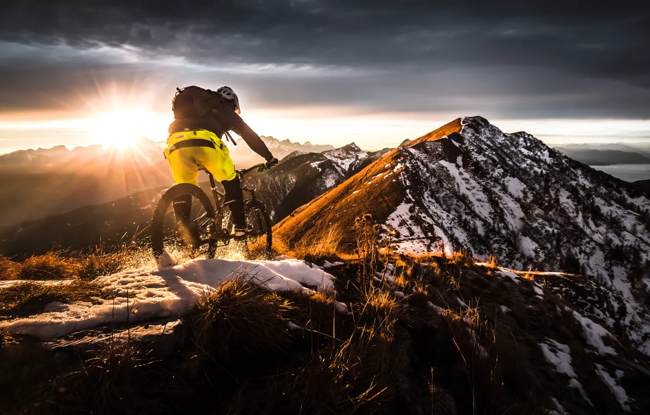 Photo wallpaper snow, mountains, bike, bike, the roads, extreme, adrenaline, mountain