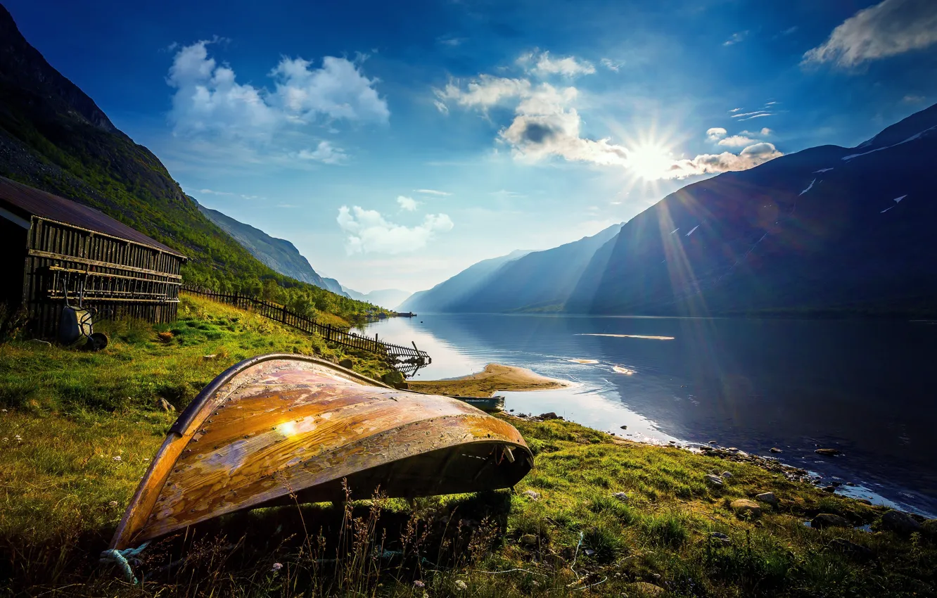 Photo wallpaper the sun, mountains, lake, dawn, boat, Norway, Norway, Vaga Kommune