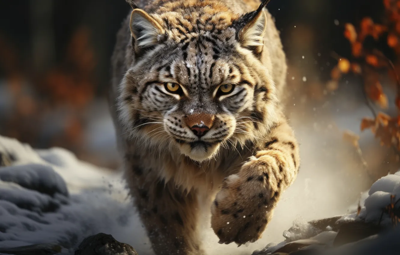 Photo wallpaper winter, look, face, snow, predator, paws, running, lynx