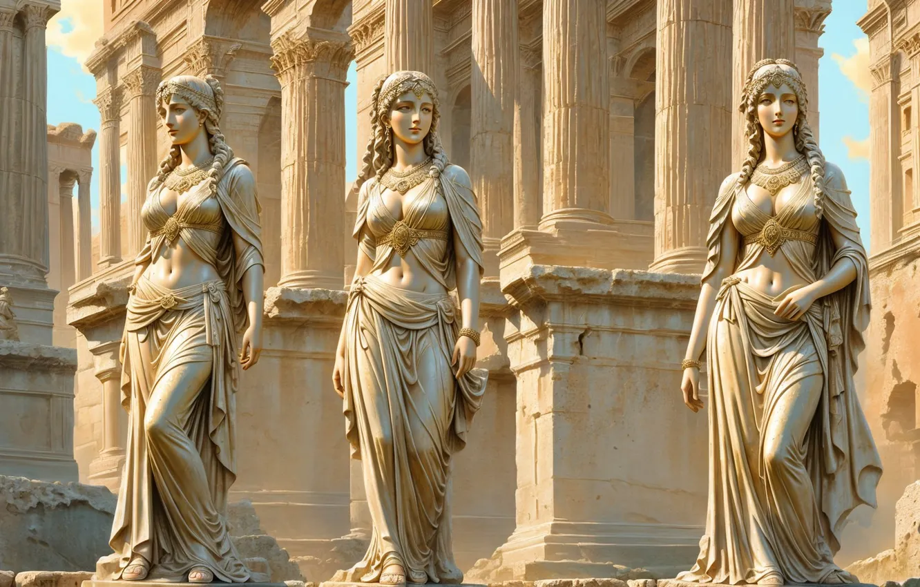 Photo wallpaper girl, columns, statue