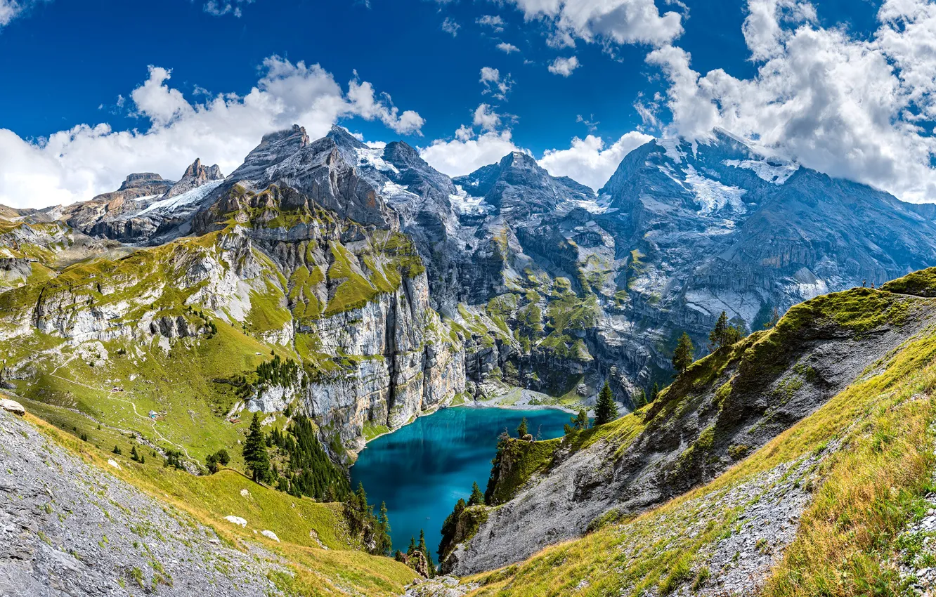 Photo wallpaper the sky, trees, landscape, mountains, lake, height, Switzerland, Switzerland