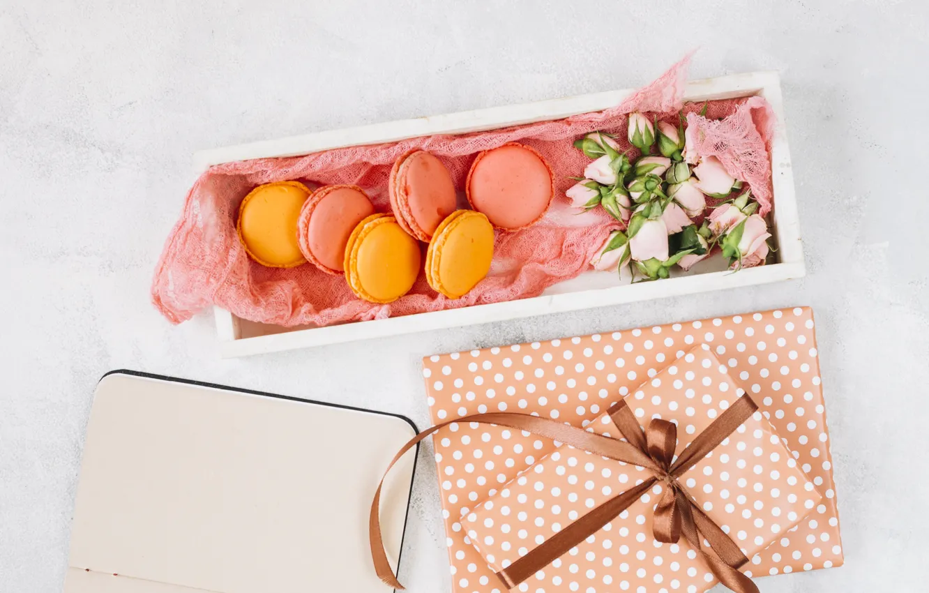 Photo wallpaper flowers, gift, cake, flowers, gift, macaroon, french, macaron