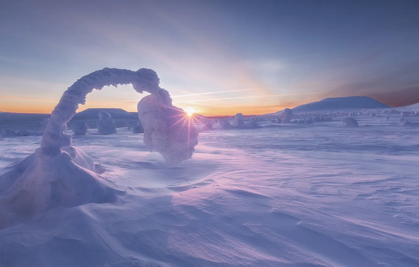 Photo wallpaper winter, snow, mountains, sunrise, dawn, morning, the snow, Ural