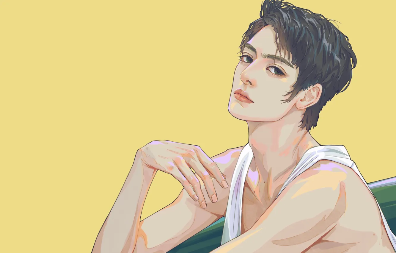 Photo wallpaper look, figure, actor, guy, yellow background, Wang Hao Xuan, Wang Hao Xuan, Chinese actor