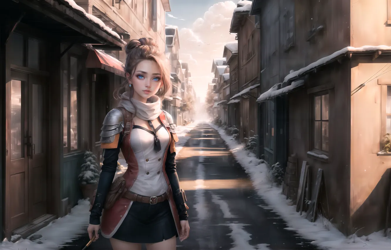 Photo wallpaper magic, blue eyes, winter, women, blonde, standing, looking at viewer, Street View