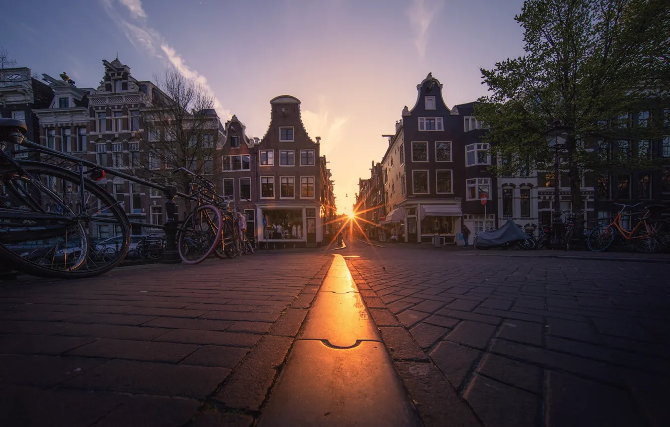 Photo wallpaper the sun, street, building, bikes, Amsterdam - My Home
