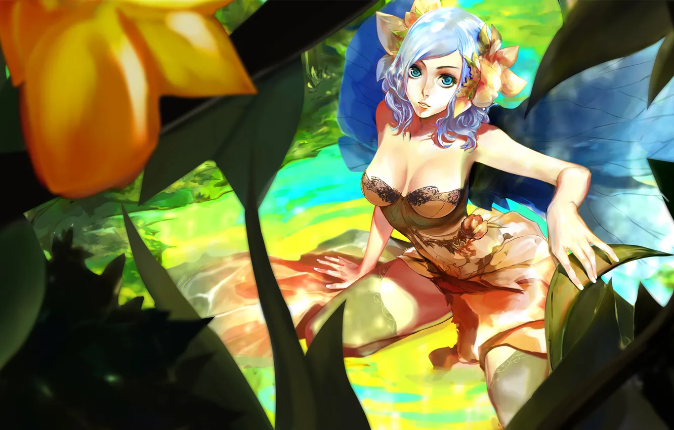 Photo wallpaper girl, flowers, wings, fairy, art