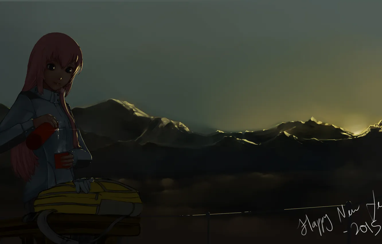 Photo wallpaper girl, the sun, sunset, mountains, anime, art, backpack, lordless