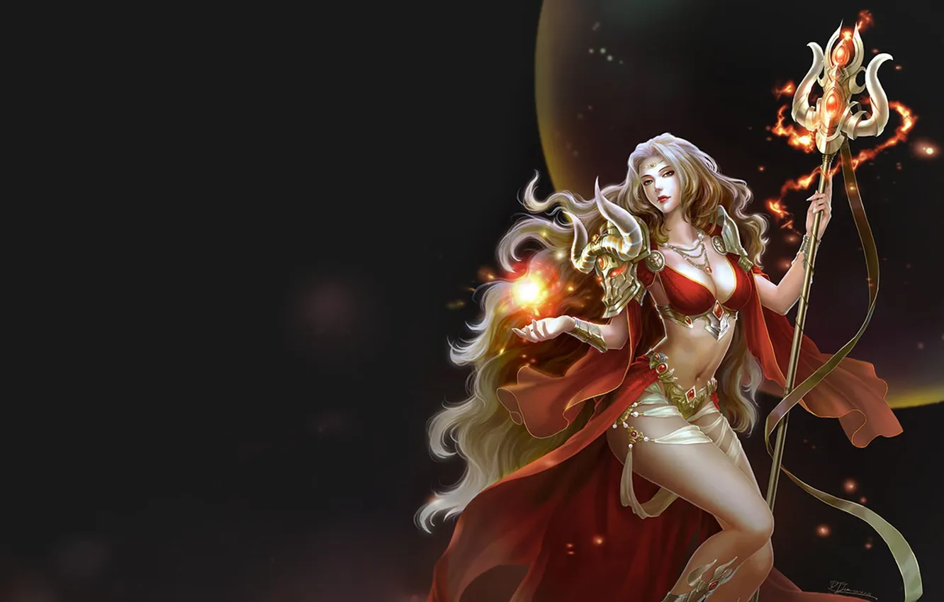 Photo wallpaper girl, light, sparks, horns, staff, sphere
