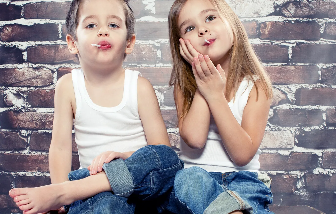 Photo wallpaper children, mood, jeans, boy, candy, girl, girls, stylish
