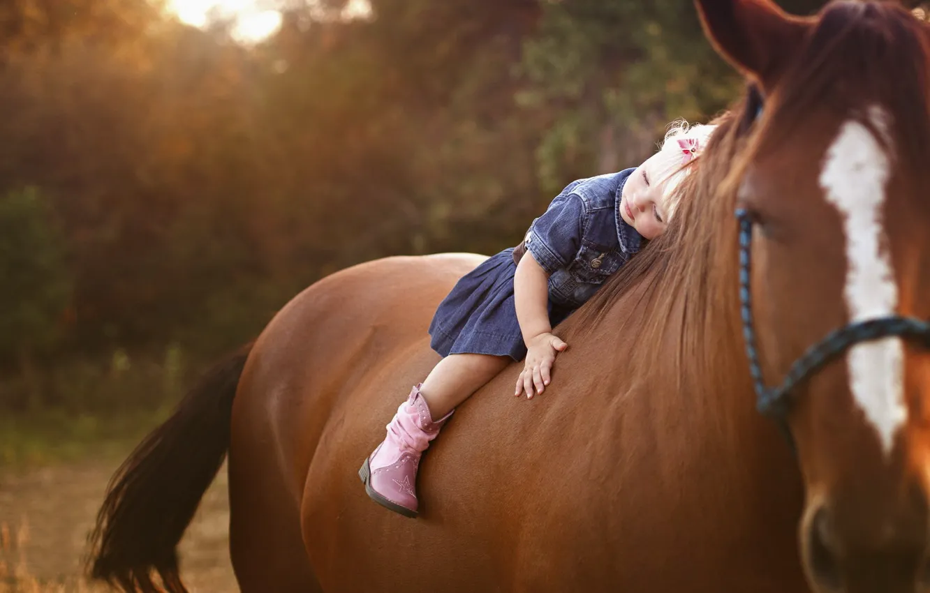 Photo wallpaper children, horse, girl