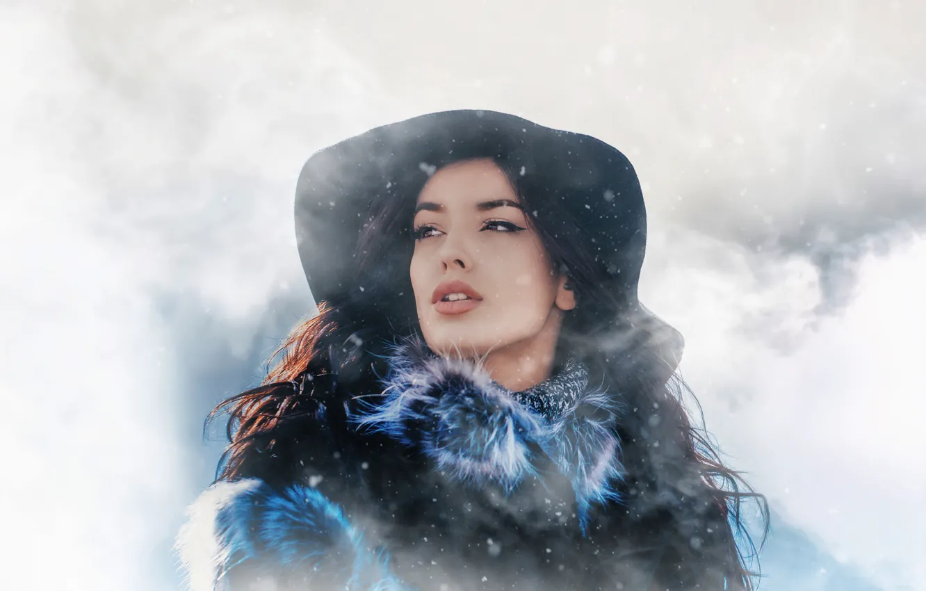 Photo wallpaper winter, look, girl, snow, portrait, hat