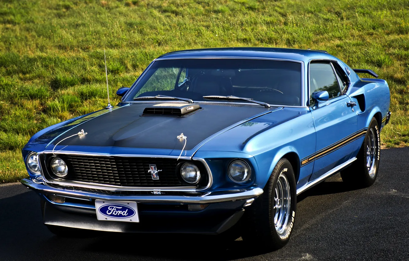 Photo wallpaper road, grass, 1969, Super Cobra Jet, Ford Mustang 428