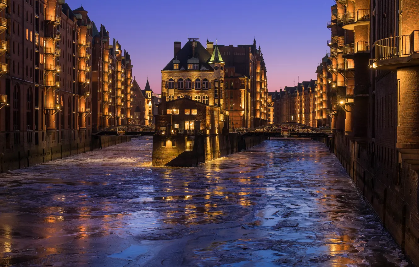 Photo wallpaper water, lights, river, home, ice, the evening, Germany, channel