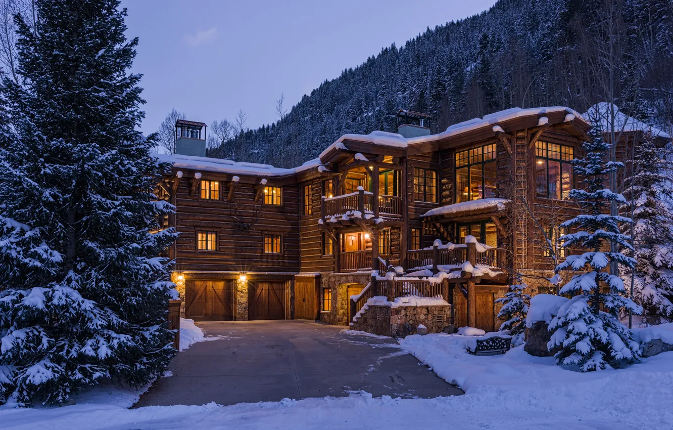 Photo wallpaper winter, forest, trees, home, house, home, evening., the wood