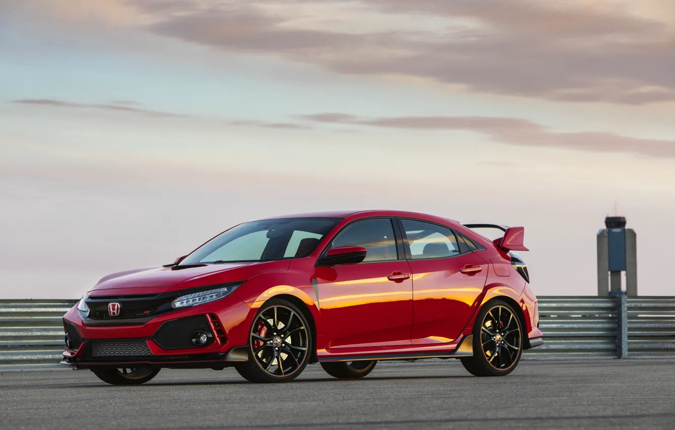 Photo wallpaper clouds, red, the fence, Honda, hatchback, the five-door, 2019, Civic Type R