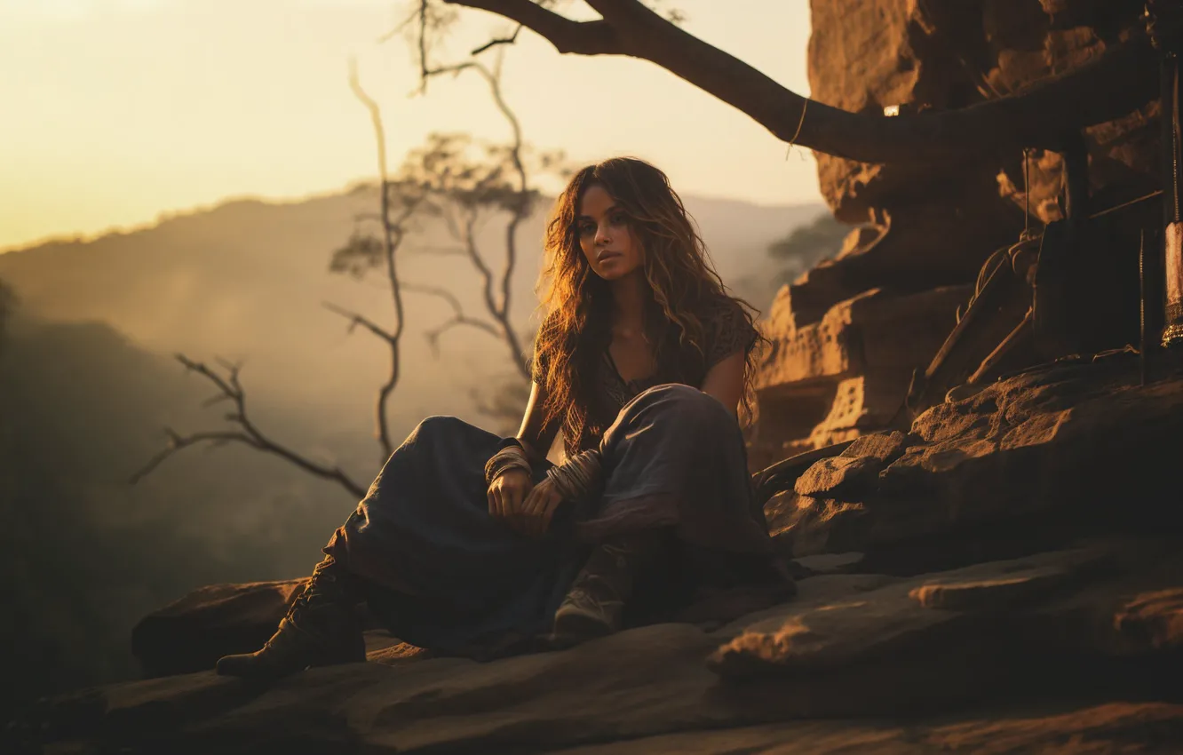 Photo wallpaper girl, light, trees, mountains, branches, nature, pose, stones