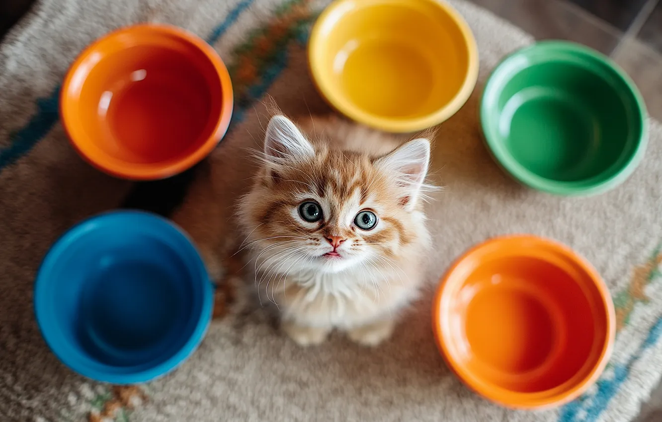 Photo wallpaper cat, look, pose, Mat, red, bowl, kitty, face