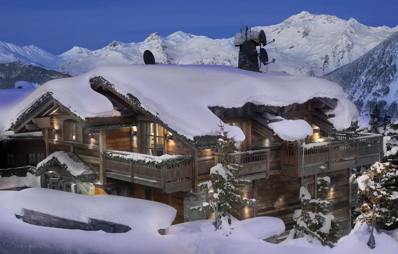 Photo wallpaper winter, snow, mountains, house, stay, the evening, the hotel, France