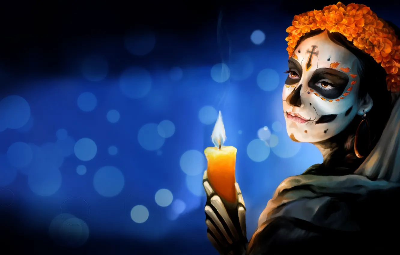 Photo wallpaper Flowers, Girl, Style, Background, Calavera, Mexico, Candle, Day of the Dead
