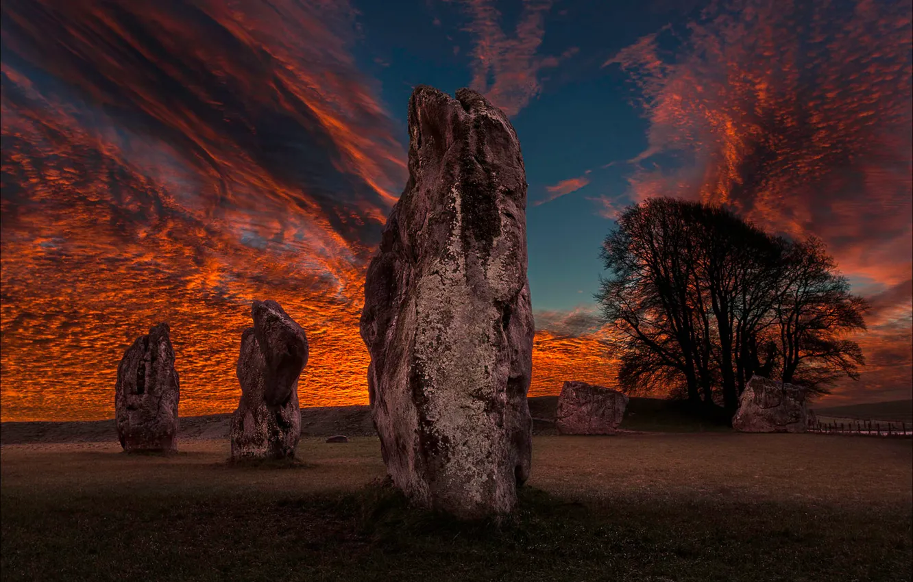 Photo wallpaper the sky, clouds, sunset, stones, glow, Megalit