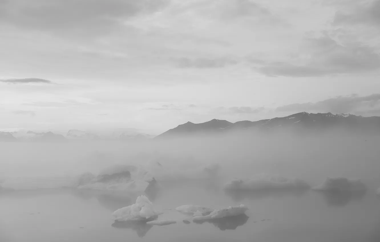 Photo wallpaper the sky, water, clouds, snow, landscape, mountains, nature, fog