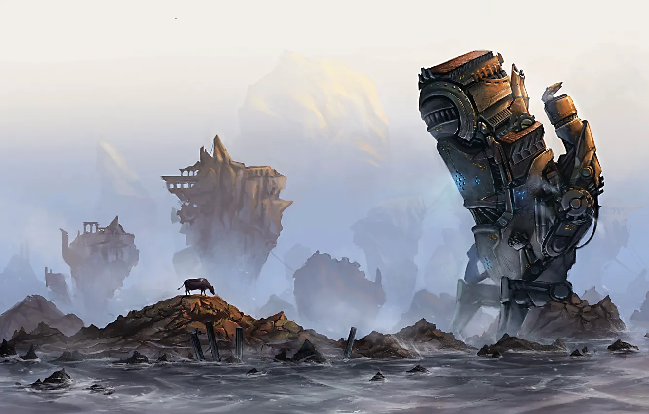 Photo wallpaper sea, fog, stones, rocks, mechanism, robot, cows, ruins