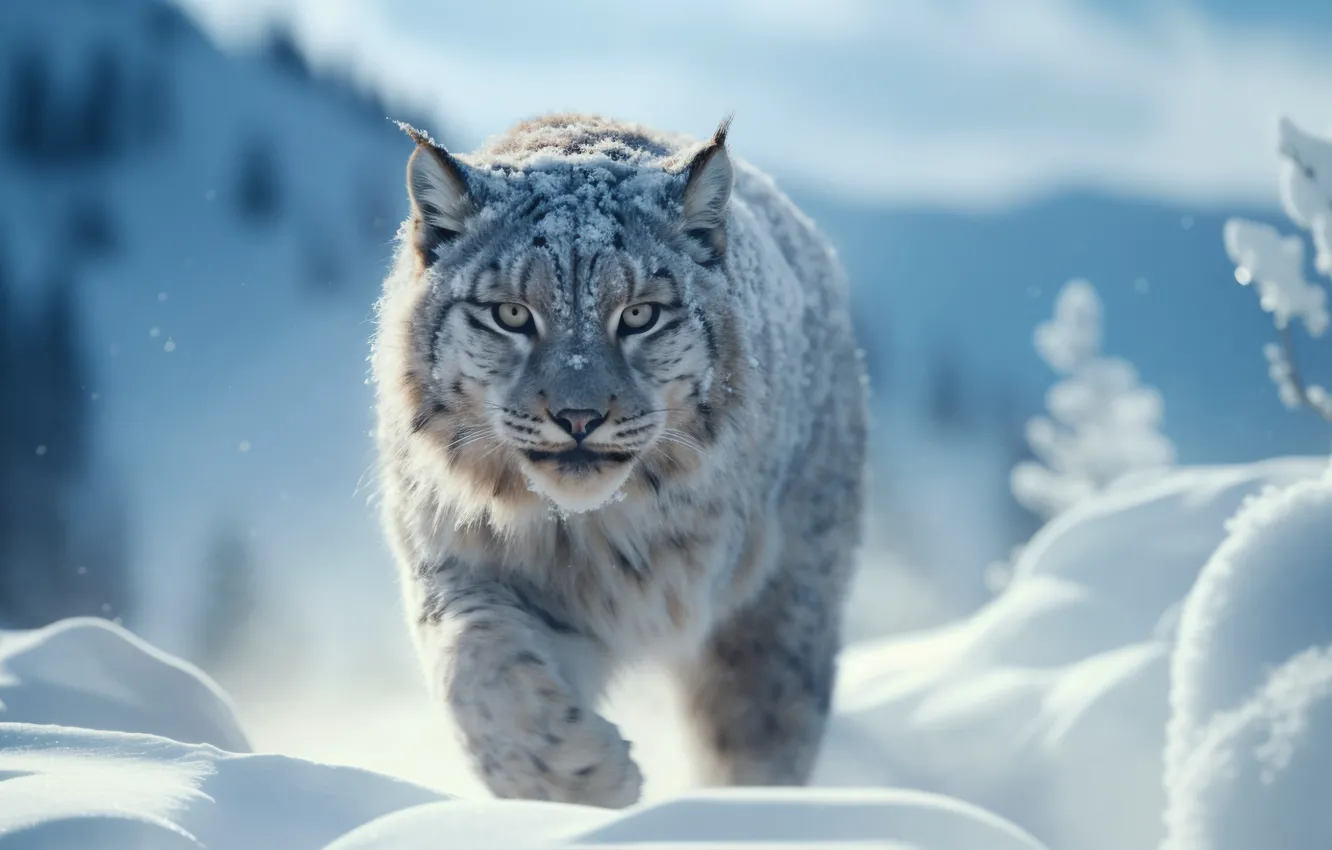 Photo wallpaper winter, look, snow, nature, pose, lynx, face, AI art