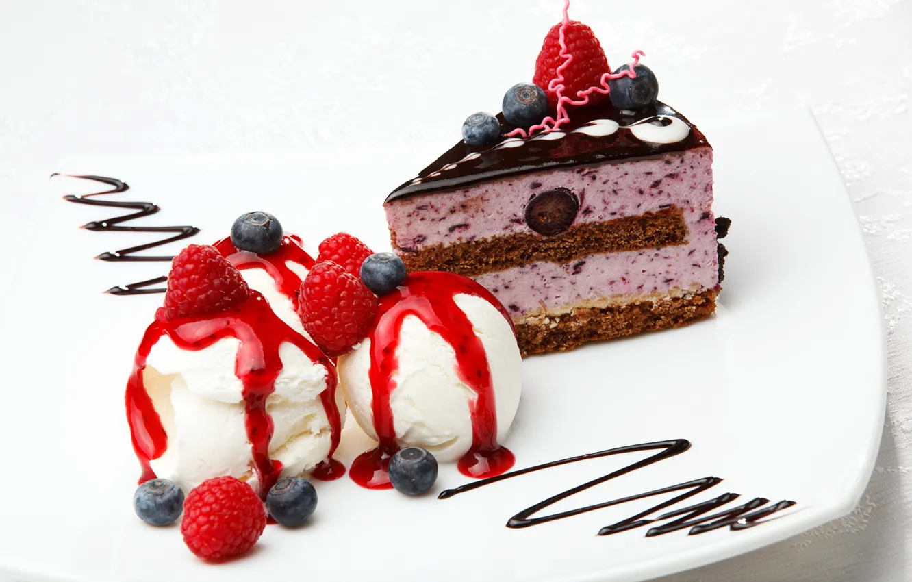 Photo wallpaper berries, raspberry, blueberries, ice cream, cake, cream, sweet