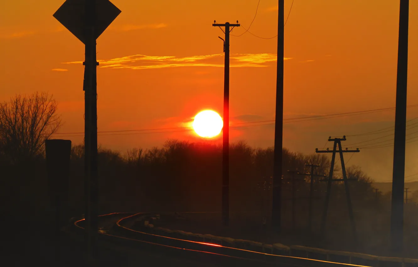 Photo wallpaper the sky, the sun, sunset, railroad, sunshine, sunset, railway, moldova