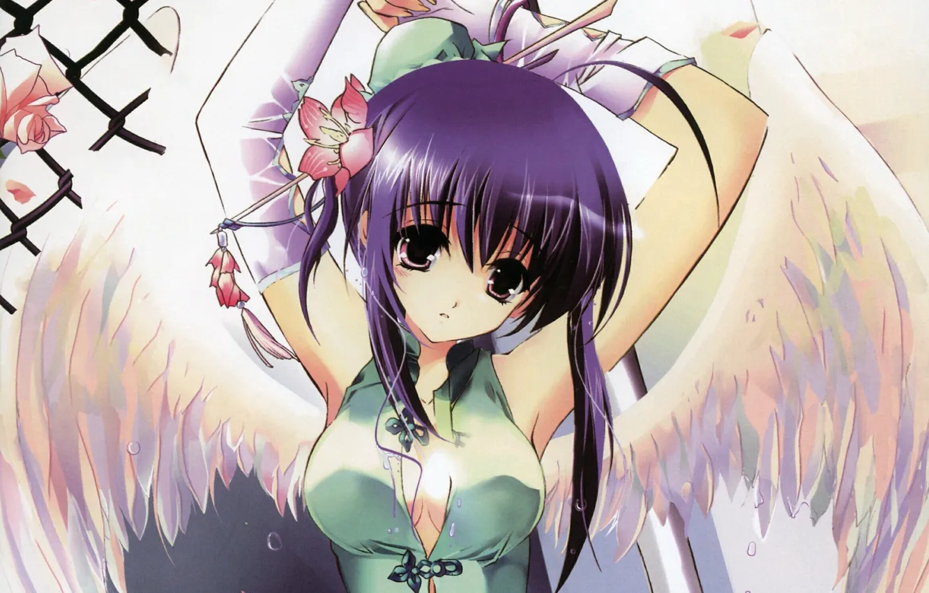 Photo wallpaper girl, flowers, roses, wings, angel, anime, art, misakura nankotsu