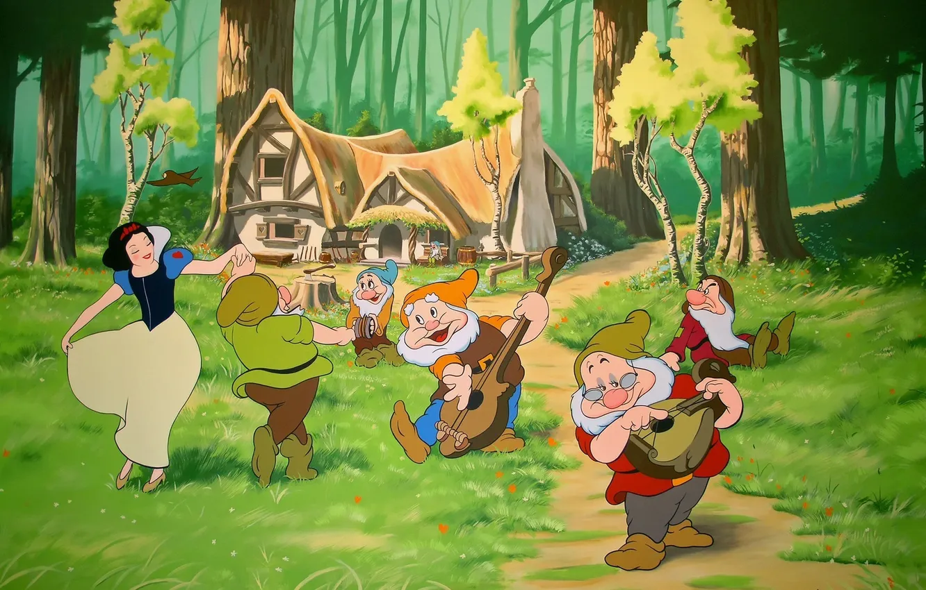 Photo wallpaper cartoon, snow white and the seven dwarfs, a house full of dwarves