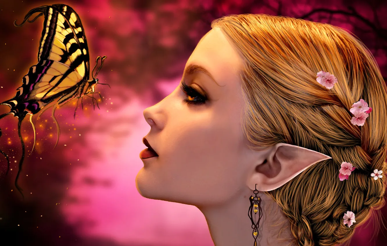 Photo wallpaper girl, flowers, face, butterfly, hair, elf, earrings, profile