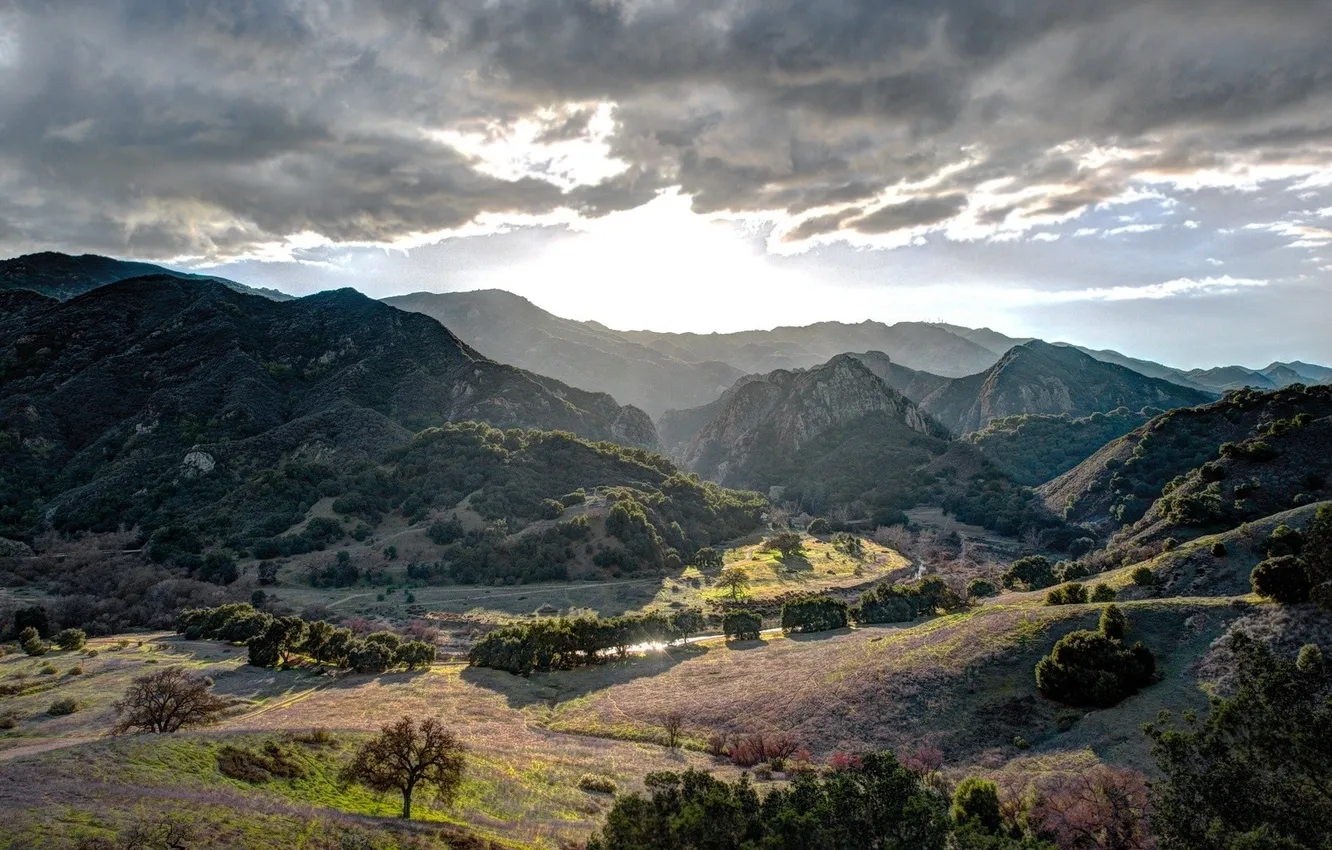 Photo wallpaper clouds, trees, mountains